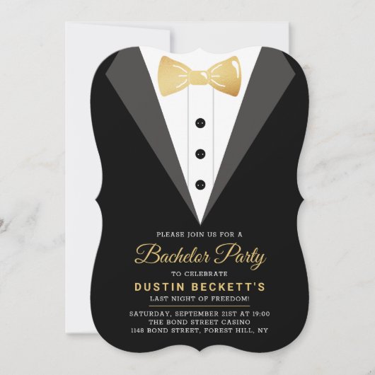 Extravagante Goldfoil Tuxedo Bachelor Party Einladung (Vorderseite)