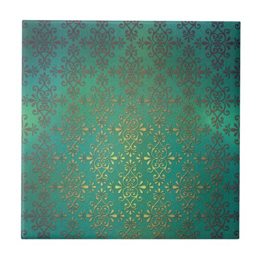Extravagante Green und Gold Damask Fliese (Vorderseite)