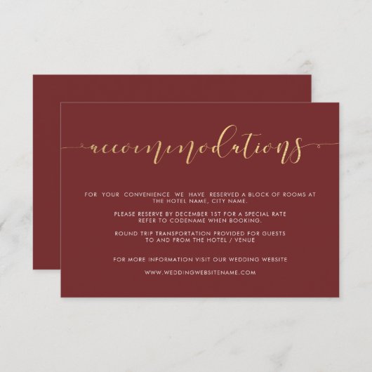 Extravagante Hochzeitskarten für Burgund & Gold Begleitkarte (Vorne/Hinten)