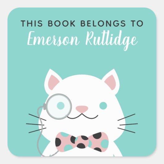 Extravagante Katze | Türkis Dieses Buch gehört Quadratischer Aufkleber (Vorderseite)