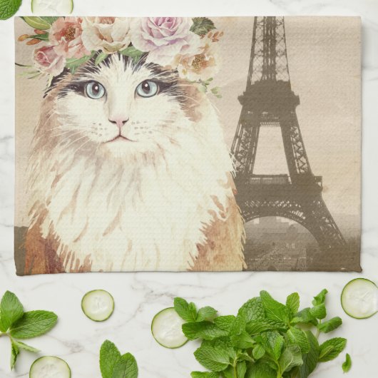 Extravagante Katze und Eiffel Geschirrtuch (Gefaltet)