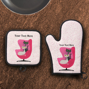 Extravagante Katzen in Vintagen 1950er Jahren rosa Ofenhandschuh & Topflappen-Set