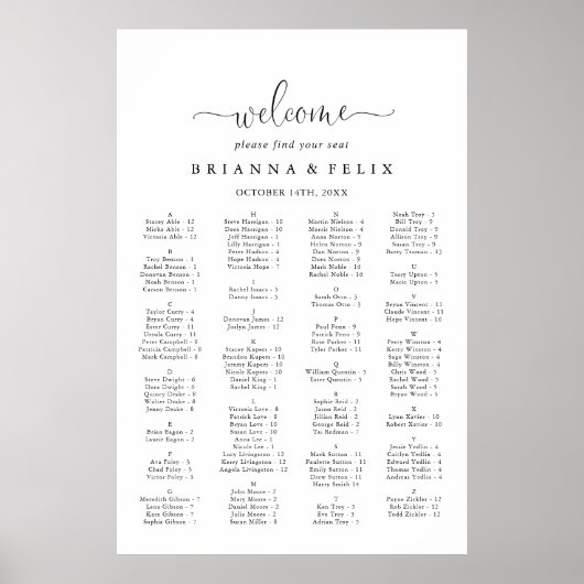Extravagante Liebe Skript Alphabetische Sitztabell Poster (Vorne)