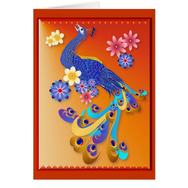 Extravagante Pfau-und Blumen-Karte (Vorne)