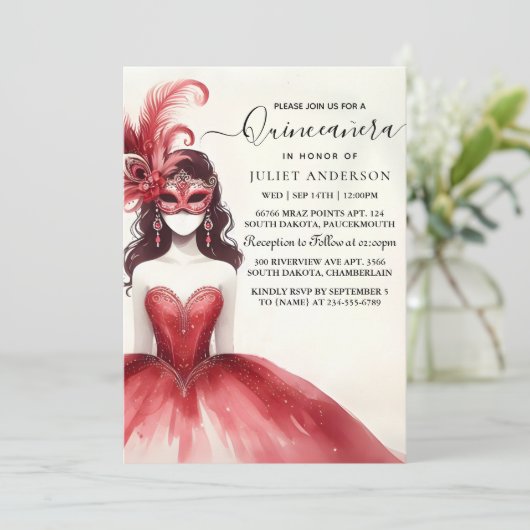 Extravagante Prom Maske Fun Masquerade Quinceañera Einladung (Stehend Vorderseite)