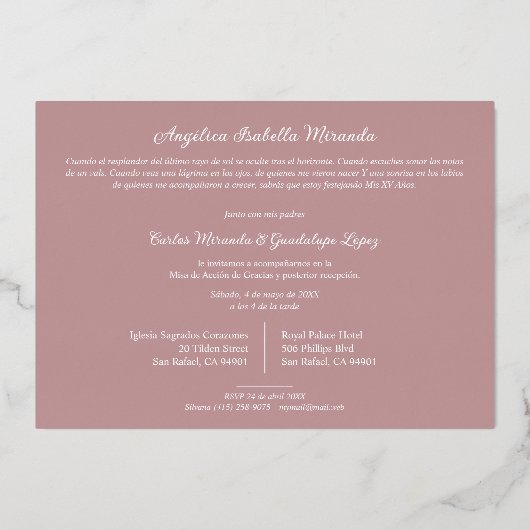 Extravagante romantische Rose Gold My XV Spanisch Folieneinladung (Rückseite)