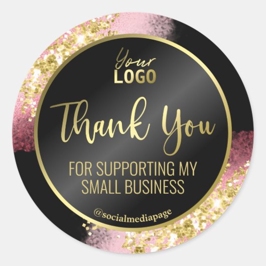 Extravagante Rosa Gold Glitzer Black Danke Logo Runder Aufkleber (Vorderseite)