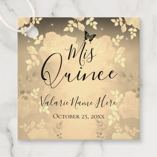 Extravagante Rose Quinceanera Gold Gefälligkeitsta Geschenkanhänger (Vorderseite)