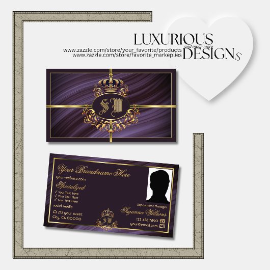 Extravagante Royal Lila Gold Crown mit Monogram Fo Visitenkarte