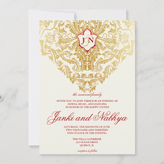 Extravagante Schnörkel Golden Indian Arabic Einladung (Vorderseite)