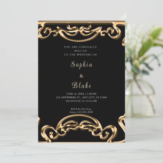 Extravagante Schwarz/Gold Scroll Art Deco Einladung (Stehend Vorderseite)