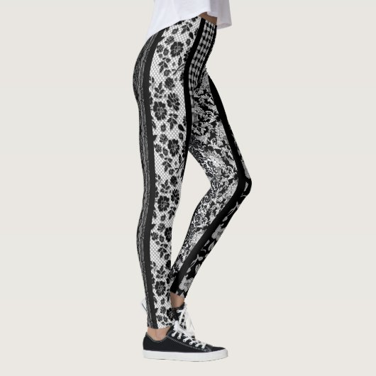 Extravagante Schwarz-Weiß-Muster mit Streifen Leggings (Rechts)