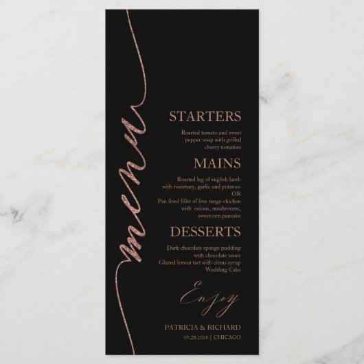 Extravagante Script 4x9 Wedding Menu Card für Plat Menükarte (Vorderseite)