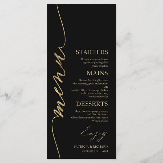 Extravagante Script 4x9 Wedding Menu Card für Plat Menükarte (Vorderseite)