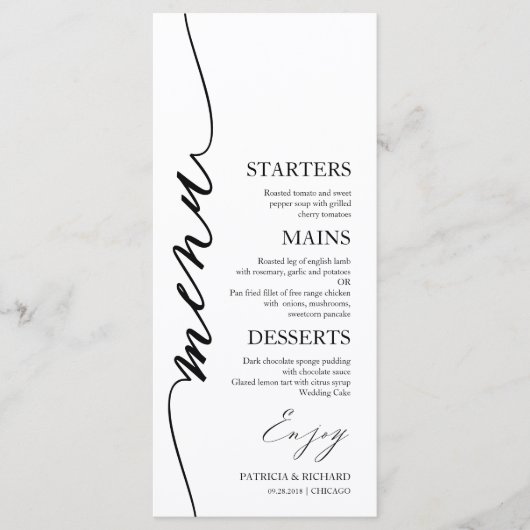 Extravagante Script 4x9 Wedding Menu Card für Plat Menükarte (Vorderseite)