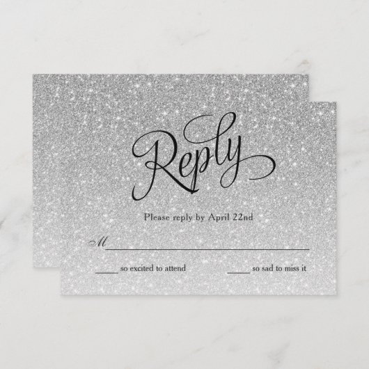 Extravagante Script-Antwortkarte für Silver Glitze RSVP Karte (Vorne/Hinten)