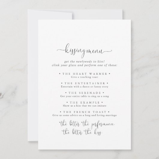 Extravagante Script Wedding Kissing Menu Game Card (Vorderseite)