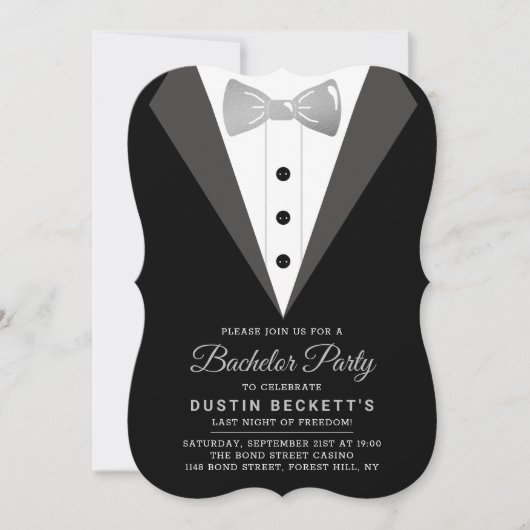 Extravagante Silberfolie Tuxedo Bachelor Party Einladung (Vorderseite)