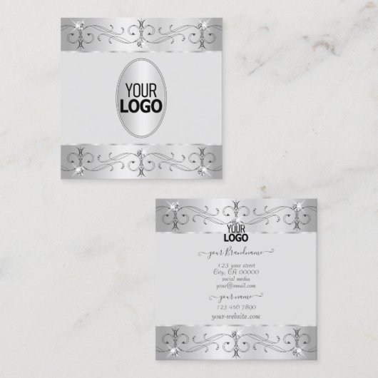 Extravagante Silbergraue Verzierte Ornamente mit L Quadratische Visitenkarte (Vorne/Hinten)
