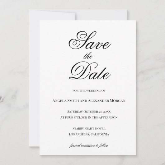Extravagante Skriptkalligrafie Schwarz/Weiß Save The Date (Vorderseite)