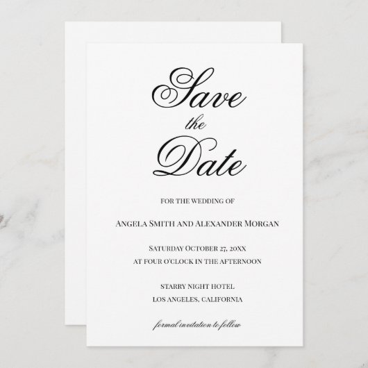 Extravagante Skriptkalligrafie Schwarz/Weiß Save The Date (Vorne/Hinten)