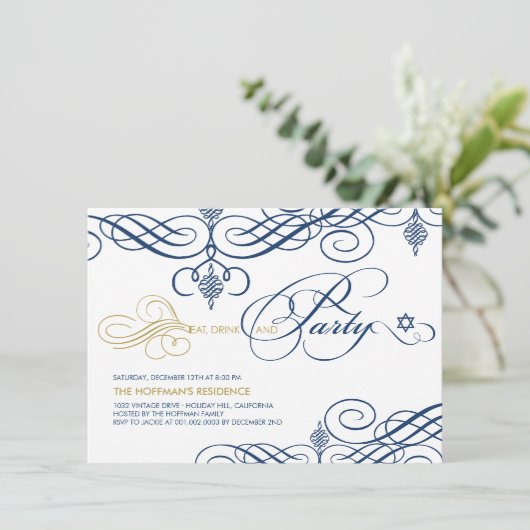 Extravagante Skulpturen Essen Drink & Party Hanukk Einladung (Stehend Vorderseite)