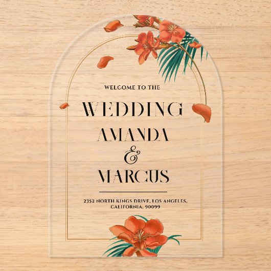 Extravagante Tropische Blume Begrüßung Acryleinladungen (Vorderseite)