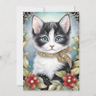 Extravagante Tuxedo Cat Winter Flora Rahmen Feiertagskarte