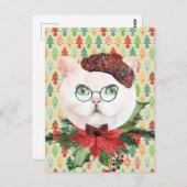 Extravagante Weiße Katze & Poinsettia Urlaub Postkarte (Vorne/Hinten)