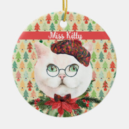 Extravagante weiße Katze und Poinsettia Custom Keramik Ornament