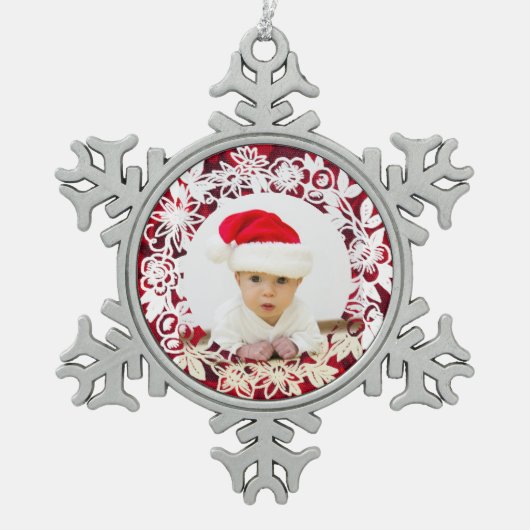 Extravagante White Lacework auf Rot mit Foto Schneeflocken Zinn-Ornament (Vorderseite)