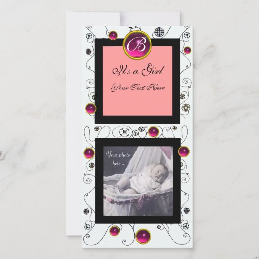 EXTRAVAGANTE WIRBEL BABY GIRL MONOGRAM, rubinweiß Ankündigung (Vorderseite)