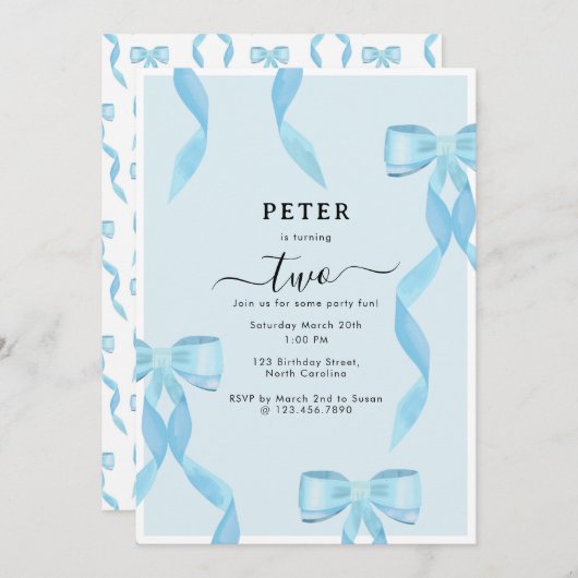 Extravaganter Blauer Bow Formeller Kindergeburtsta Einladung (Vorne/Hinten)
