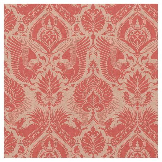 Extravaganter Damast mit Tieren, Korallenrot Stoff (Nahaufnahme)