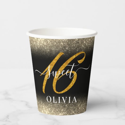 Extravaganter eleganter Glitzer Sweet 16 Sechzehn Pappbecher (Vorderseite)