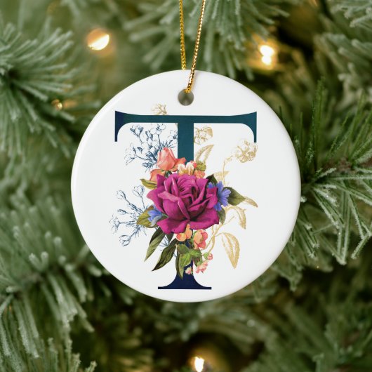 Extravaganter floraler Monogramm Buchstabe T Perso Keramik Ornament (Baum)