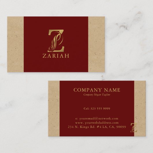 Extravaganter Goldbrief Z auf rot und beige Leinen Visitenkarte (Vorne/Hinten)