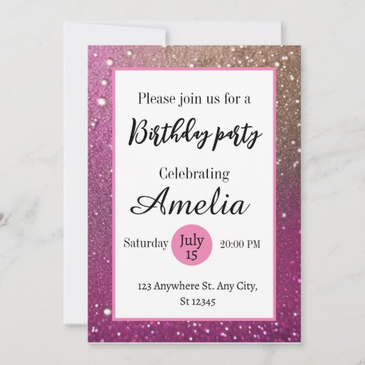 Extravaganter, gürmisch-rosafarbener Glitzer Gebur Einladung (Vorderseite)