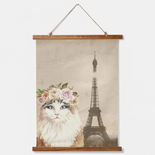 Extravaganter Katzen- und Eiffelturm Wandteppich Mit Holzrahmen (Vorderseite)