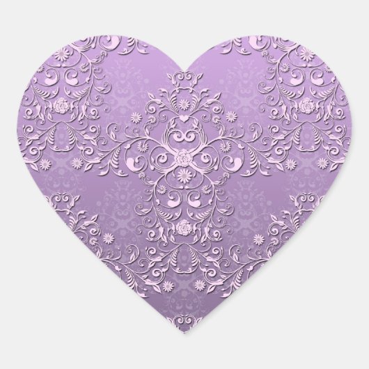 Extravaganter Lavendel und Lila Zwei-Tonen-Damast Herz-Aufkleber (Vorderseite)