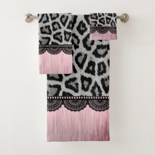 Extravaganter Leopard und Spitzen mit rosa Blüte  Badhandtuch Set