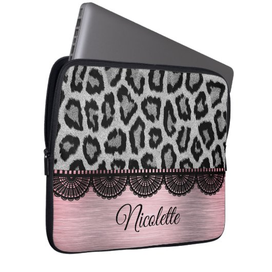 Extravaganter Leopard und Spitzen mit rosa Blüte Laptopschutzhülle (Vorne Rechts)