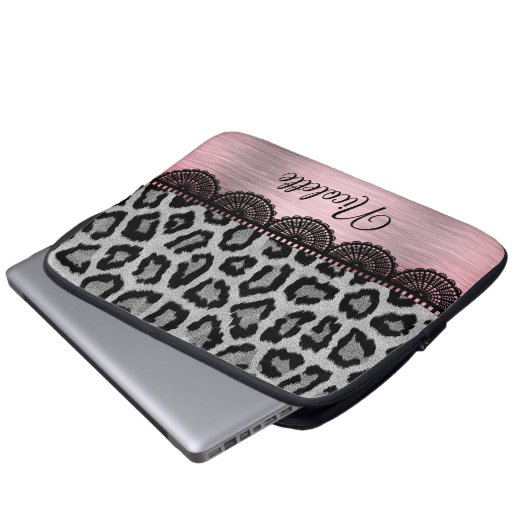 Extravaganter Leopard und Spitzen mit rosa Blüte Laptopschutzhülle (Vorne Knopf)