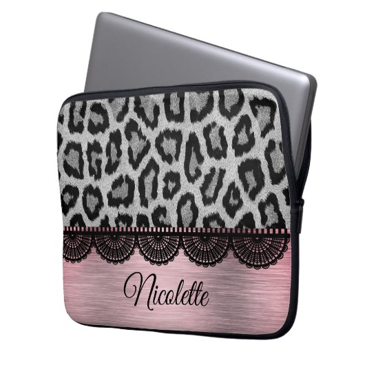 Extravaganter Leopard und Spitzen mit rosa Blüte Laptopschutzhülle (Vorderseite Links)