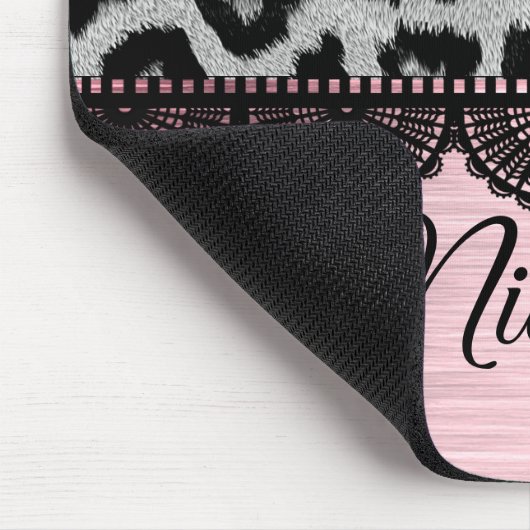 Extravaganter Leopard und Spitzen mit rosa Blüte Mousepad (Ecke)