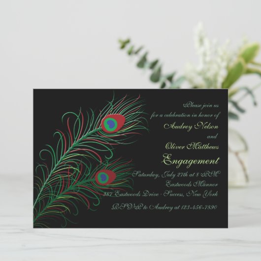 Extravaganter Pfau versieht schwarze Einladung mit (Stehend Vorderseite)