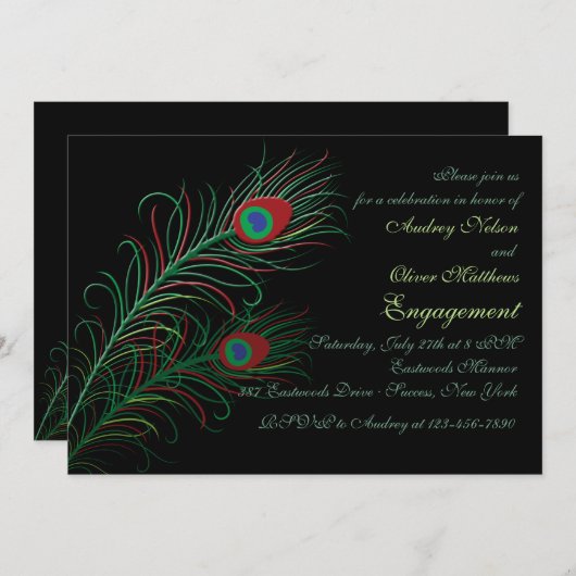 Extravaganter Pfau versieht schwarze Einladung mit (Vorne/Hinten)