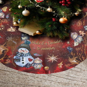 Extravaganter RED Gold Urlaub mit Charakteren Polyester Weihnachtsbaumdecke