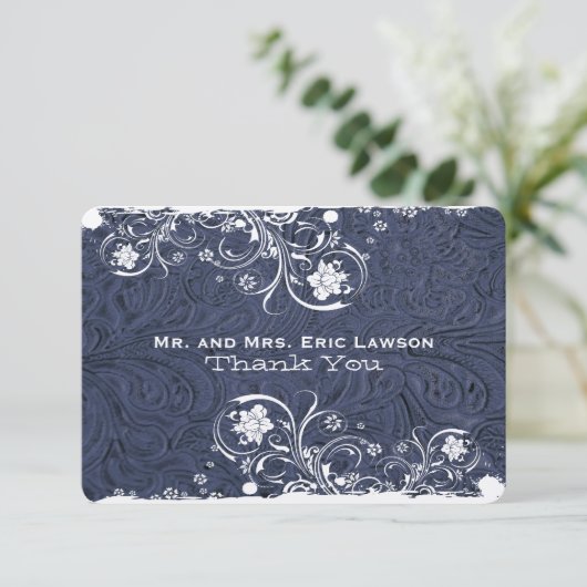 Extravaganter rustikaler blauer lederner Blick Dankeskarte (Stehend Vorderseite)