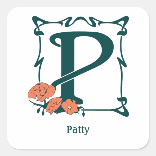 Extravaganter Vintager Jugendstil-Brief P Quadratischer Aufkleber (Vorderseite)